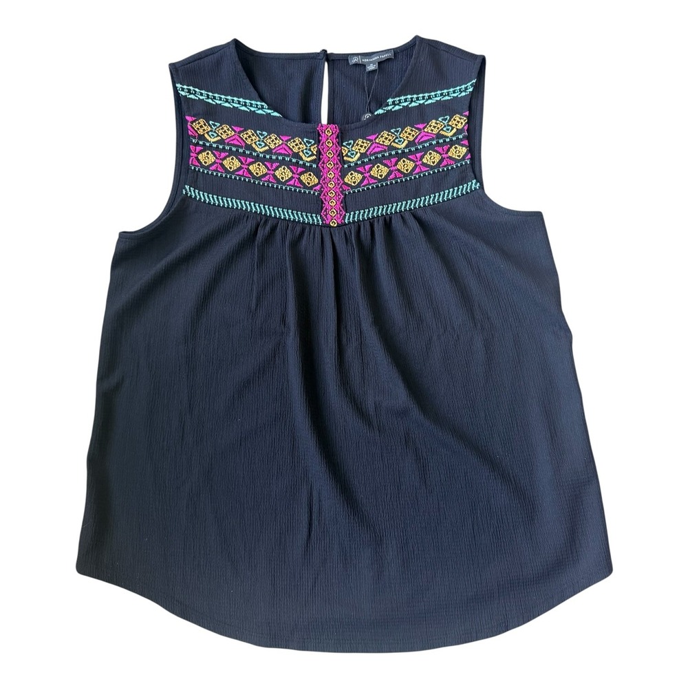 Adrianna Papell Embroidered Boho Tank Top NWT Medium Black Pink Festival Top‎